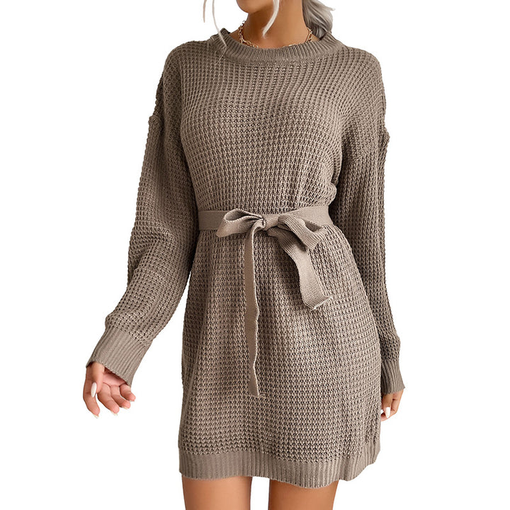 Damen Feines Waffelstrick-Minikleid mit Bindegürtel und überschnittenen Ärmeln Echoarchiv