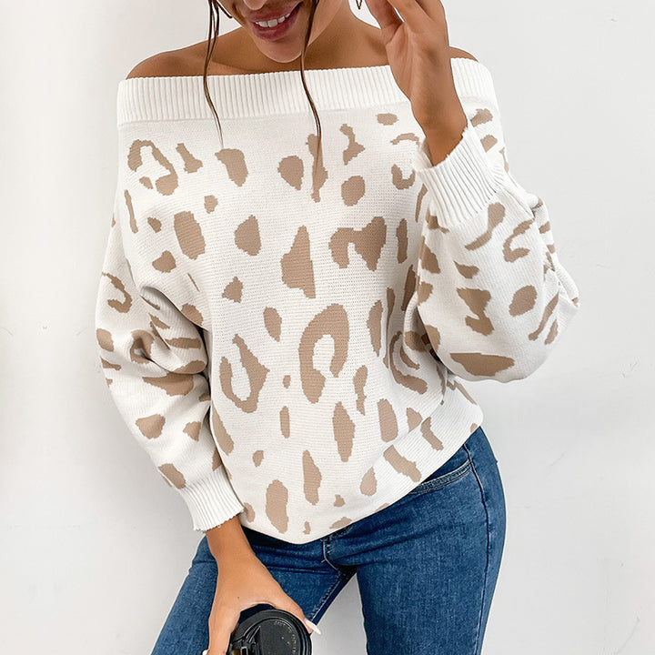 Damen Oversize-Schulterfreier Feinstrickpullover mit Animal-Jacquard und breitem Umschlagkragen Echoarchiv