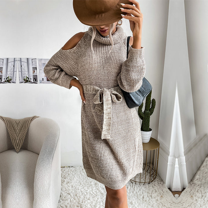 Damen Schulterfreies Rollkragen-Strickkleid mit Taillengürtel Echoarchiv