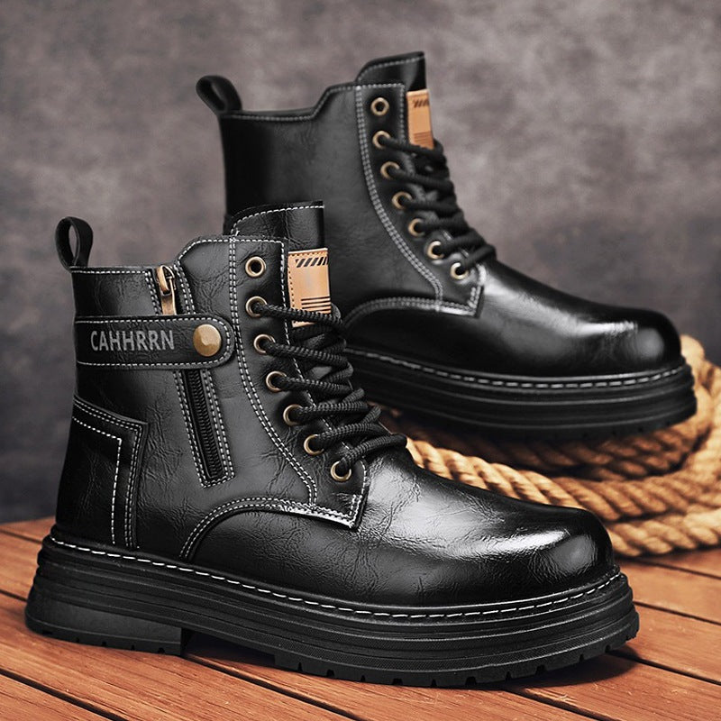 Herren robuste Lederoptik Combat-Boots mit seitlichem Reißverschluss und gepolsterter Plateausohle – Tavélo