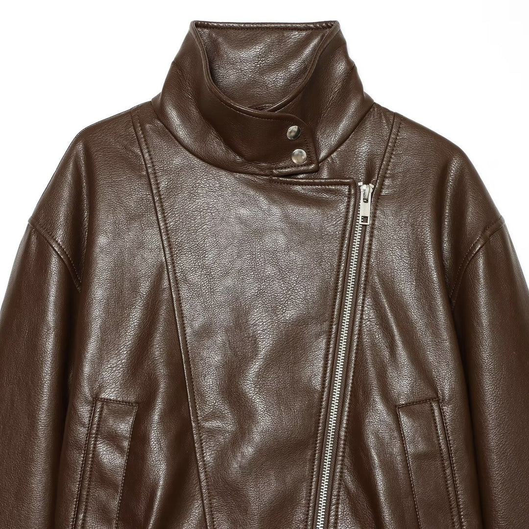 Damen taillierte Lederoptik-Bikerjacke mit hohem Funnelkragen Echoarchiv