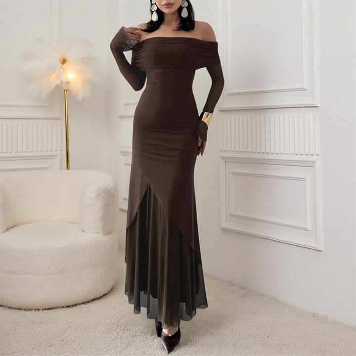 Damen elegantes schulterfreies Maxikleid mit raffiniertem Rüschenoberteil und asymmetrischem Saum Echo Archiv