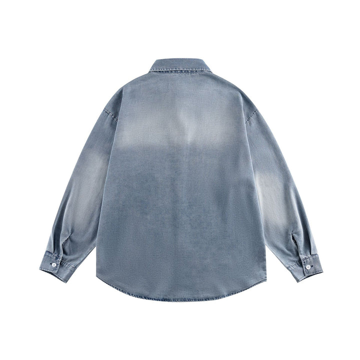 Unisex Oversize Denim-Hemdjacke mit gerundetem Saum und gesticktem Brustmotiv Echoarchiv