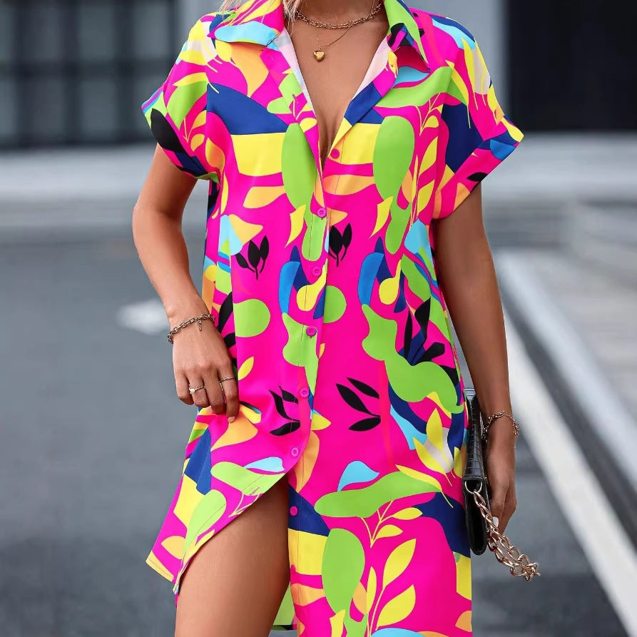 Damen Lockeres Hemdblusenkleid mit Knopfleiste, Reverskragen und floralem Print – Lunéa