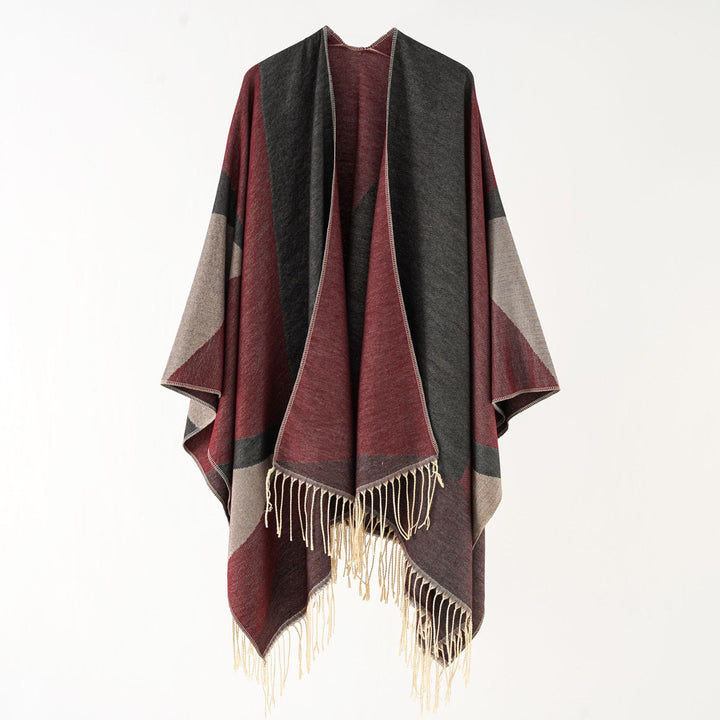 Damen Leichter reversibler Fransen-Umhang aus feiner Wollmischung – Montévia