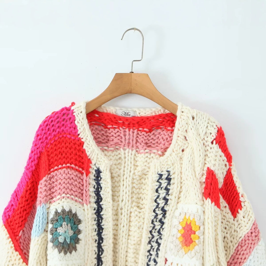 Damen Grobgestrickte Boho-Cardigan mit Häkelpatchwork Echoarchiv