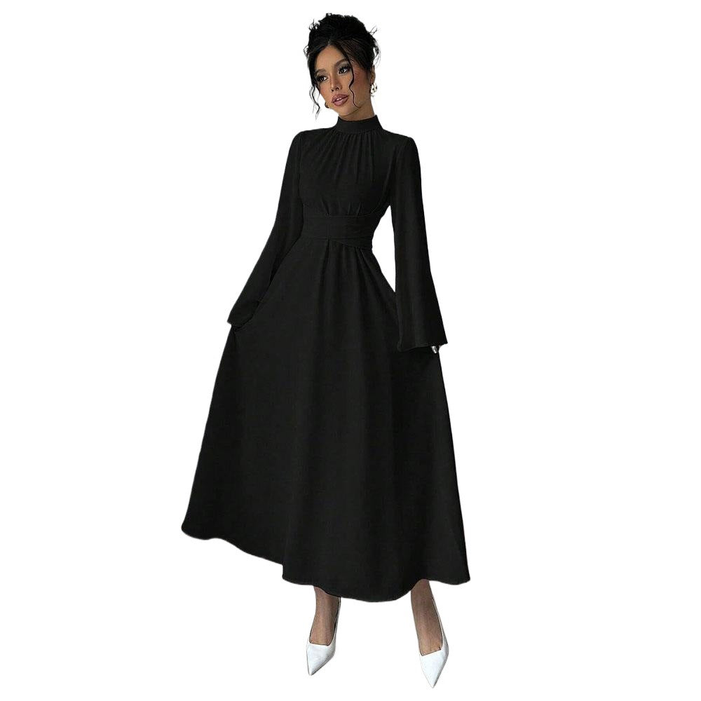 Damen elegantes Maxikleid mit Stehkragen, geraffter Taillenpartie und ausgestelltem A‑Linien‑Rock – Valéora