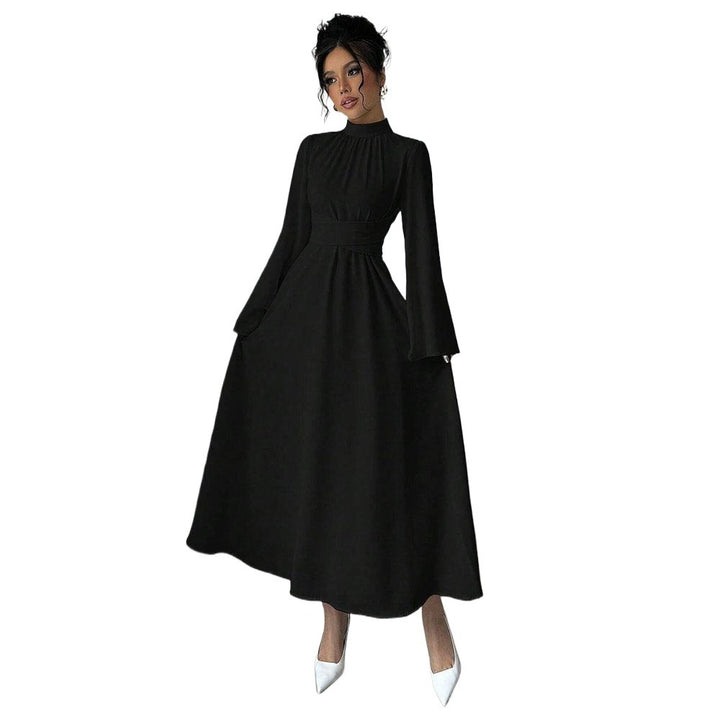 Damen elegantes Maxikleid mit Stehkragen, geraffter Taillenpartie und ausgestelltem A‑Linien‑Rock – Valéora