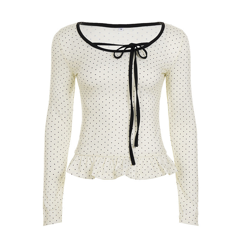 Damen nan tailliertes Longsleeve mit Rüschensaum, Tunnelzug und feinem Punktmuster Echo Archiv