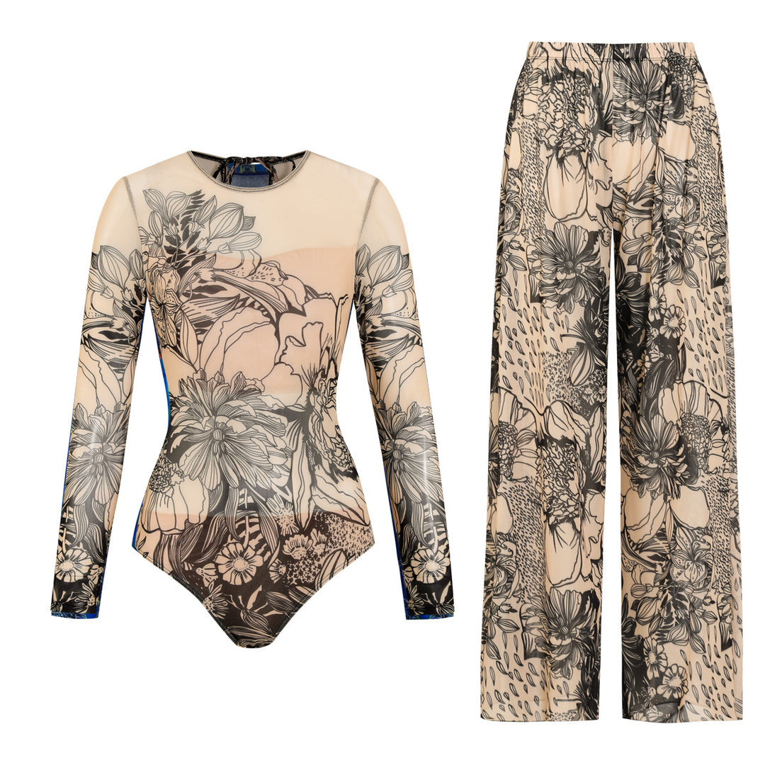 Damen Einteiler Badeanzug mit floralem Design und modischen Langarmhosen Echo Archiv