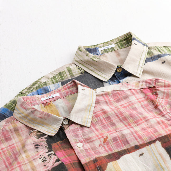 Herren Relaxed Patchwork-Karo Hemdjacke mit ausgefransten Kanten und Crinkle-Finish Echoarchiv