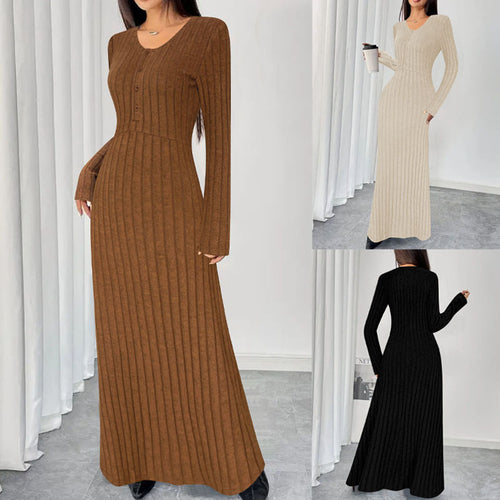 Damen Geripptes Maxi-Strickkleid mit Taillennaht und Knopfleiste Echoarchiv