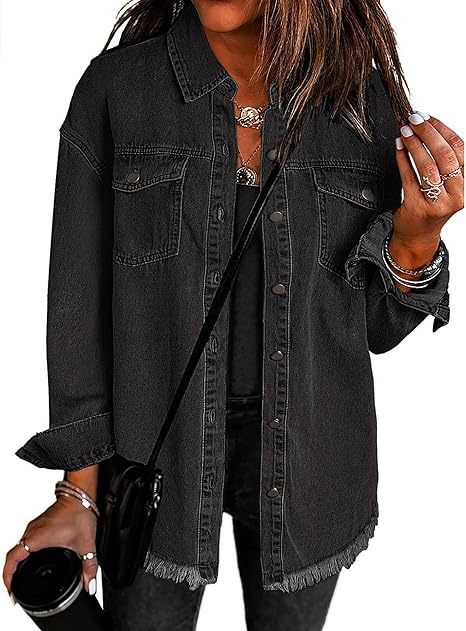 Damen Oversize Jeanshemdjacke mit Fransensaum Echoarchiv