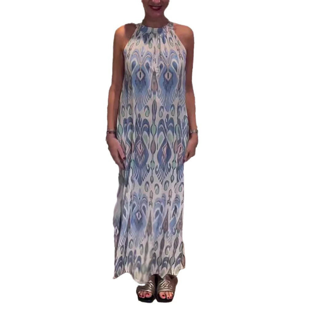 Damen nan fließendes Maxikleid mit Halterkragen, ornamentalem Ikat‑Print und weitem Fall Echo Archiv