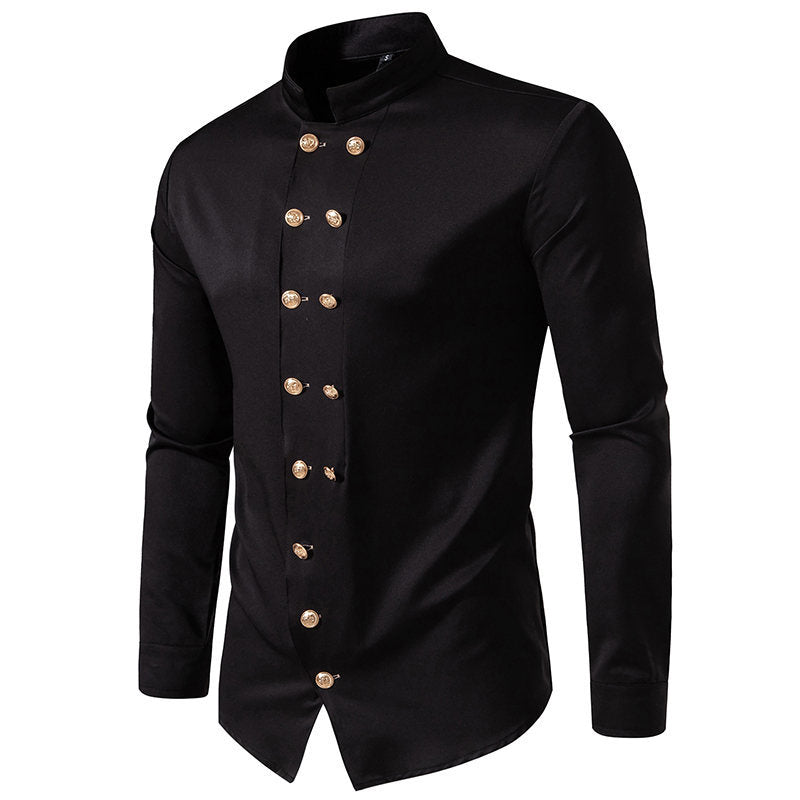 Herren elegantes Hemd mit modernem Stehkragen und goldenen Knöpfen Echoarchiv