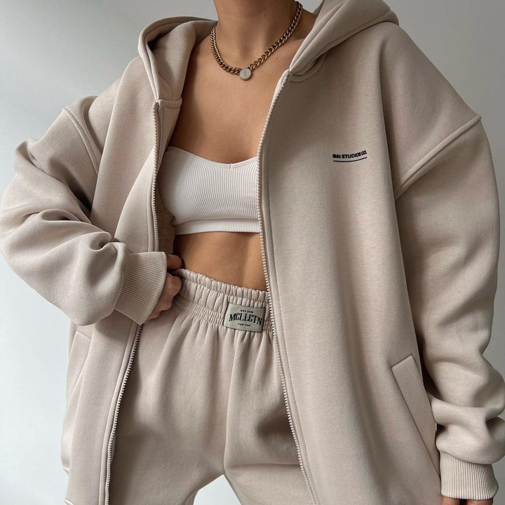 Damen Oversize Kapuzen-Sweatjacke mit Reißverschluss und High-Waist Jogginghose Set Echoarchiv