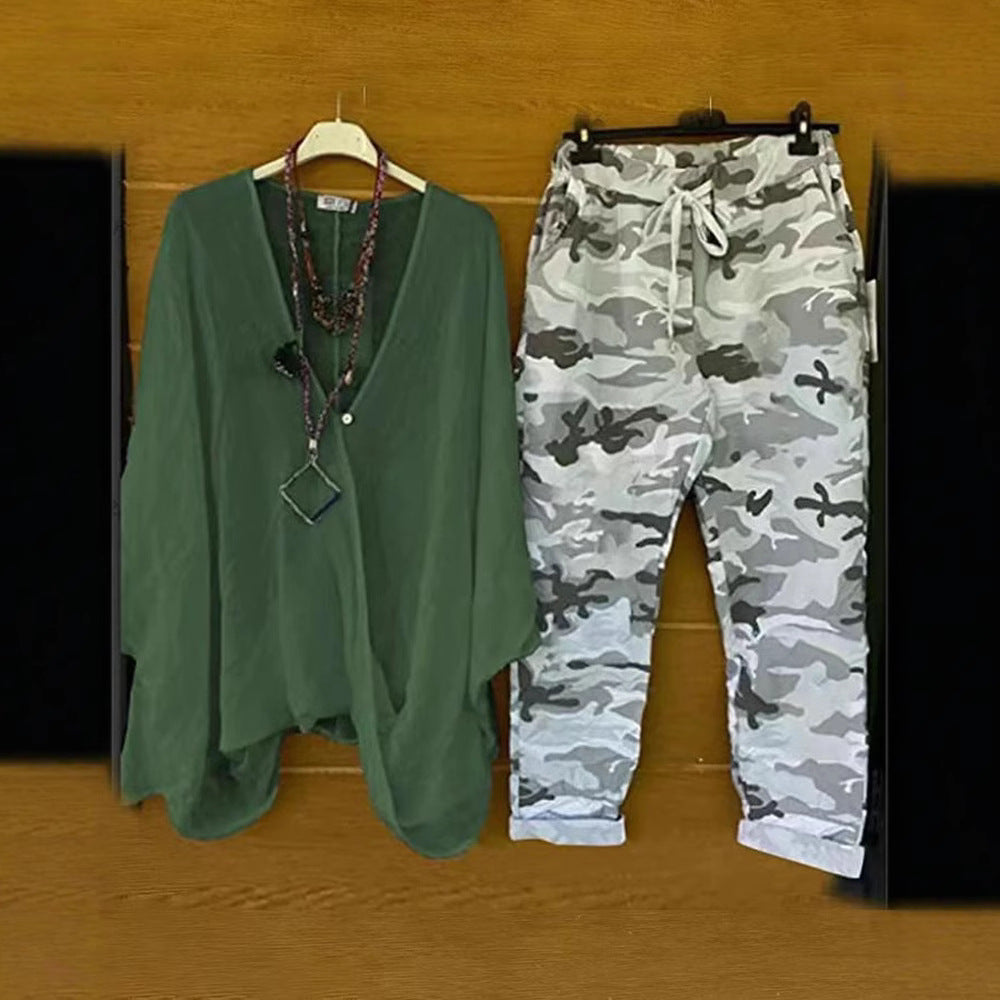 Damen nan Zweiteiler aus fließendem Kimono-Top und Camouflage-Jogginghose Echo Archiv