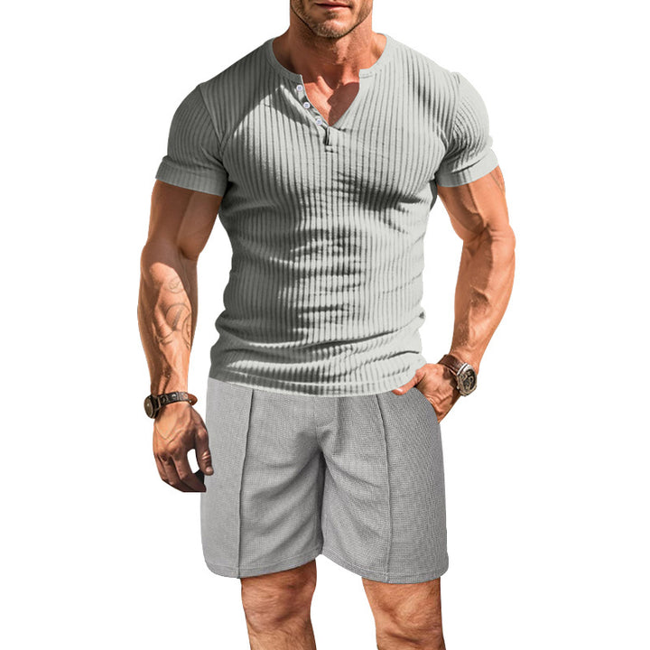 Herren strukturiertes Kurzarm-Henley-Shirt mit atmungsaktivem Design und bequemen Shorts Echoarchiv