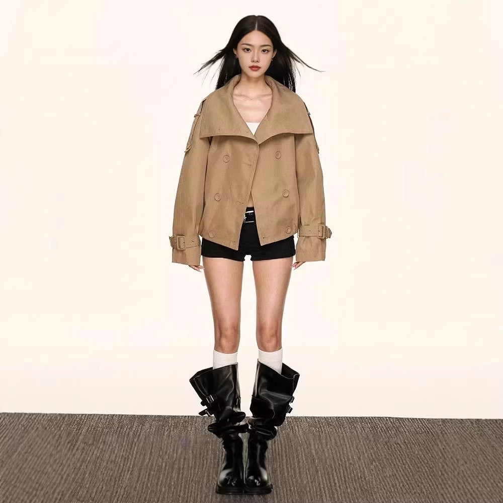 Damen Oversized Doppelreihige Trench-Bomberjacke mit hohem Stehkragen Echoarchiv
