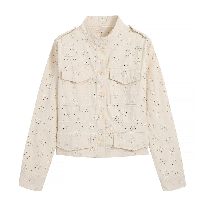 Damen Kurz geschnittene Broderie-Anglaise Feldjacke mit Pattentaschen Echo Archiv
