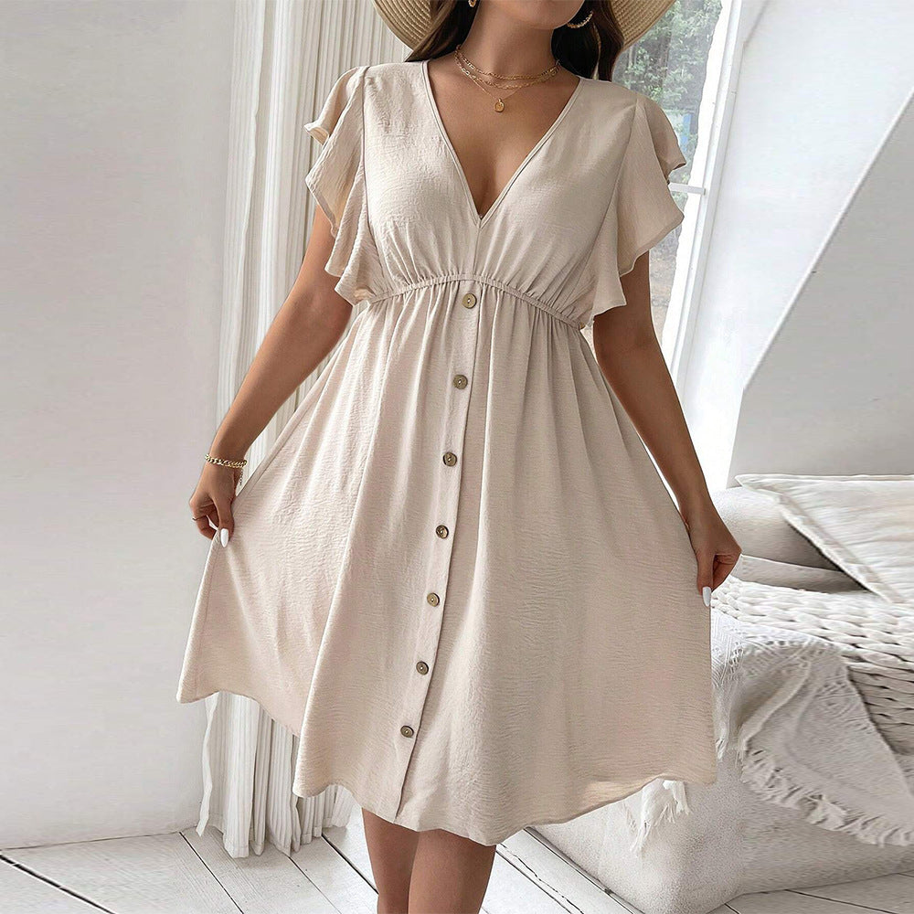 Damen lässiges Knopfkleid mit V-Ausschnitt und Rüschendetails Echo Archiv