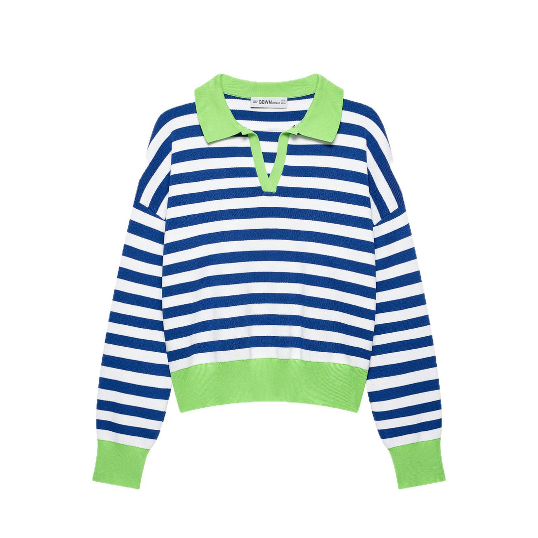 Damen Gestreifter Cropped‑Polo‑Pullover aus Feinstrick mit Ballonärmeln Echoarchiv