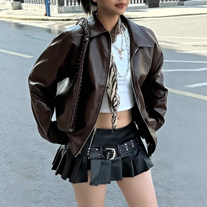 Damen Kurze Oversize Kunstlederjacke mit Reverskragen und Ballonärmeln – Célinea