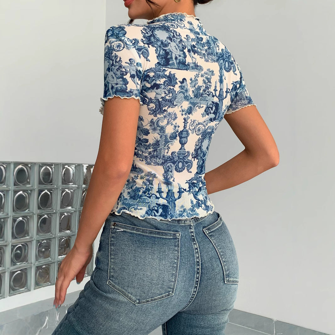 Damen nan figurbetontes kurzärmliges Netzshirt mit Stehkragen und romantischem Landhausdruck Echo Archiv