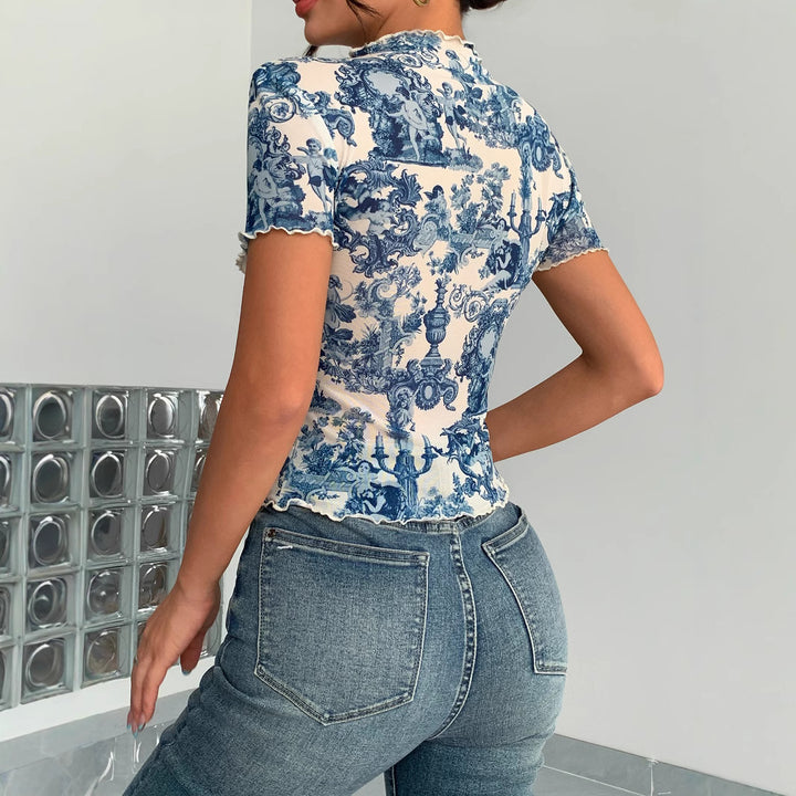 Damen nan figurbetontes kurzärmliges Netzshirt mit Stehkragen und romantischem Landhausdruck Echo Archiv