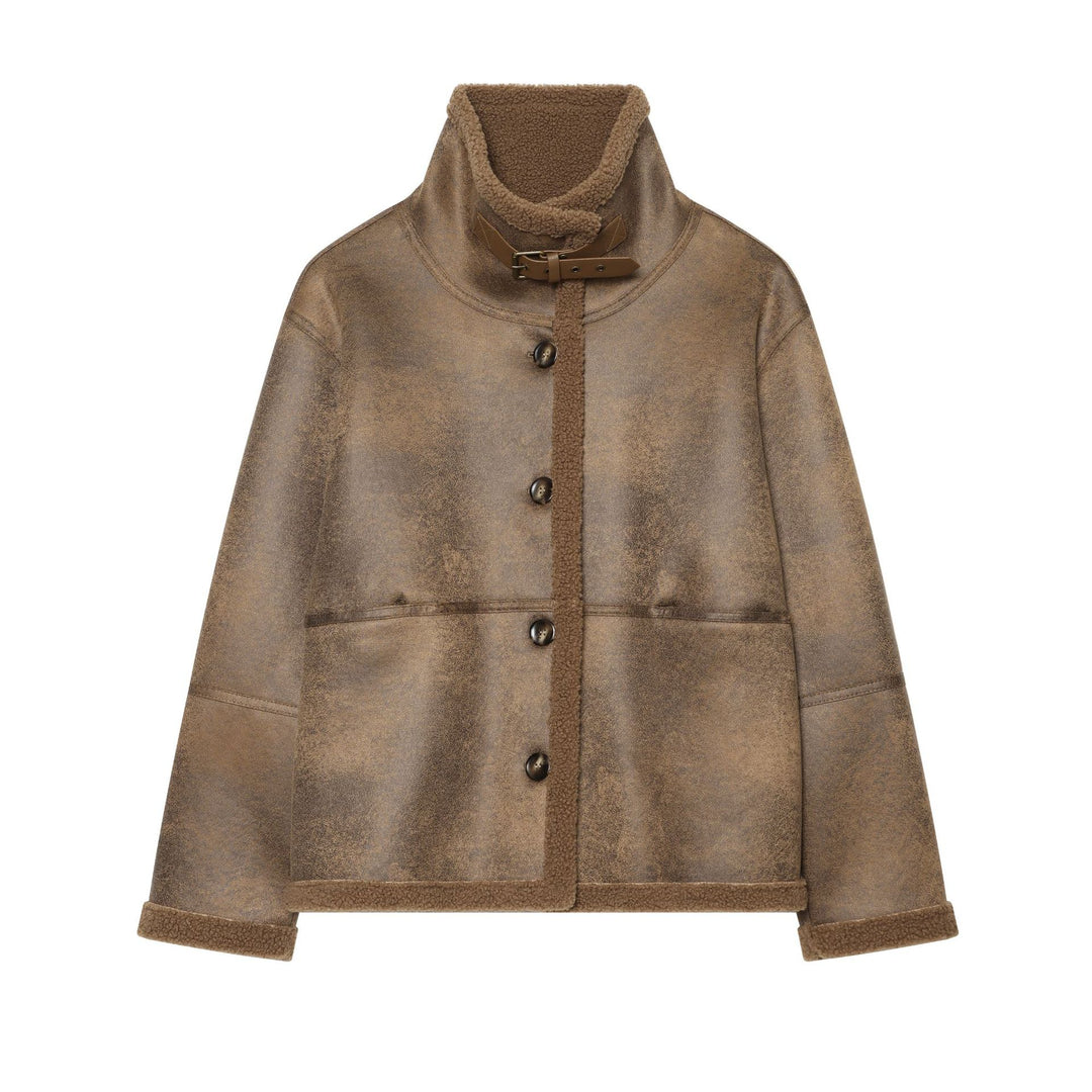 Damen Kurzjacke im Lammfell‑Look mit hoher Stehkragen‑Schnalle und aufgesetzten Taschen Echo Archiv