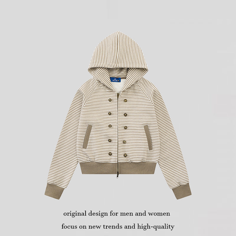 Damen gestreifte Kapuzen-Sweatjacke im Marine‑Look mit Doppelreiher‑Optik und Frontreißverschluss Echoarchiv