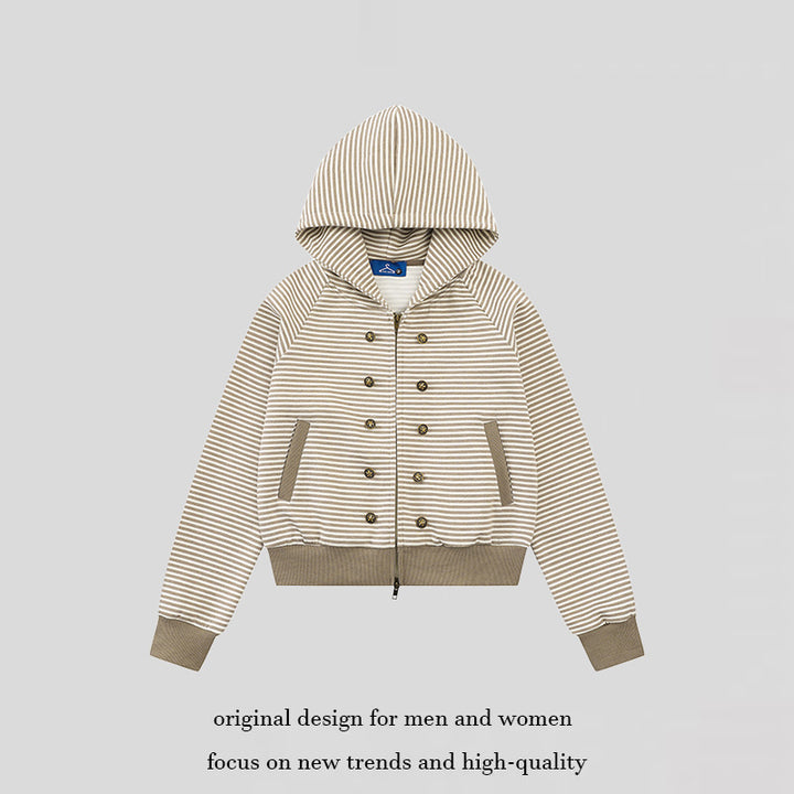 Damen gestreifte Kapuzen-Sweatjacke im Marine‑Look mit Doppelreiher‑Optik und Frontreißverschluss Echoarchiv