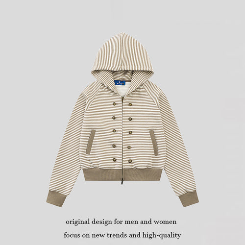 Damen gestreifte Kapuzen-Sweatjacke im Marine‑Look mit Doppelreiher‑Optik und Frontreißverschluss Echoarchiv