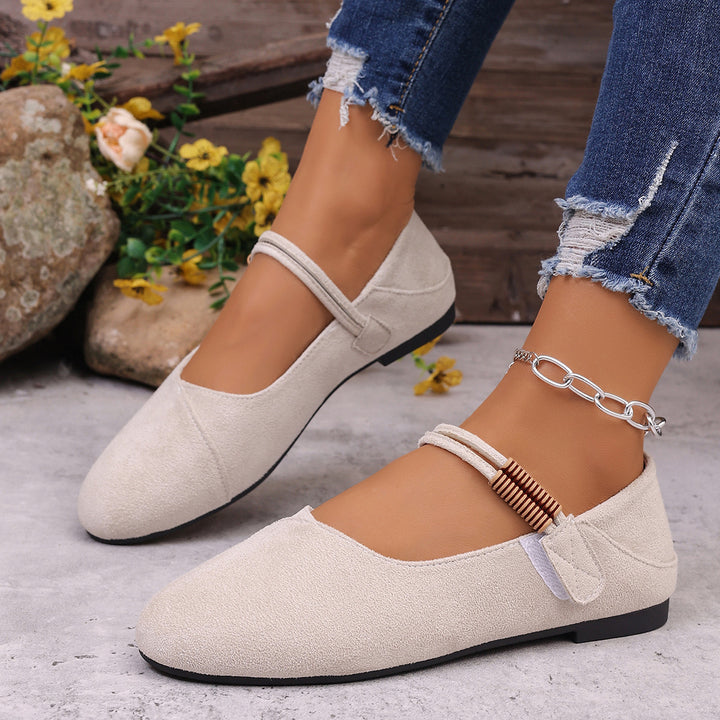 Damen flache Mary-Jane Ballerinas aus Veloursimitat mit elastischem Zierband und gepolsterter Komfortinnensohle – Lioré