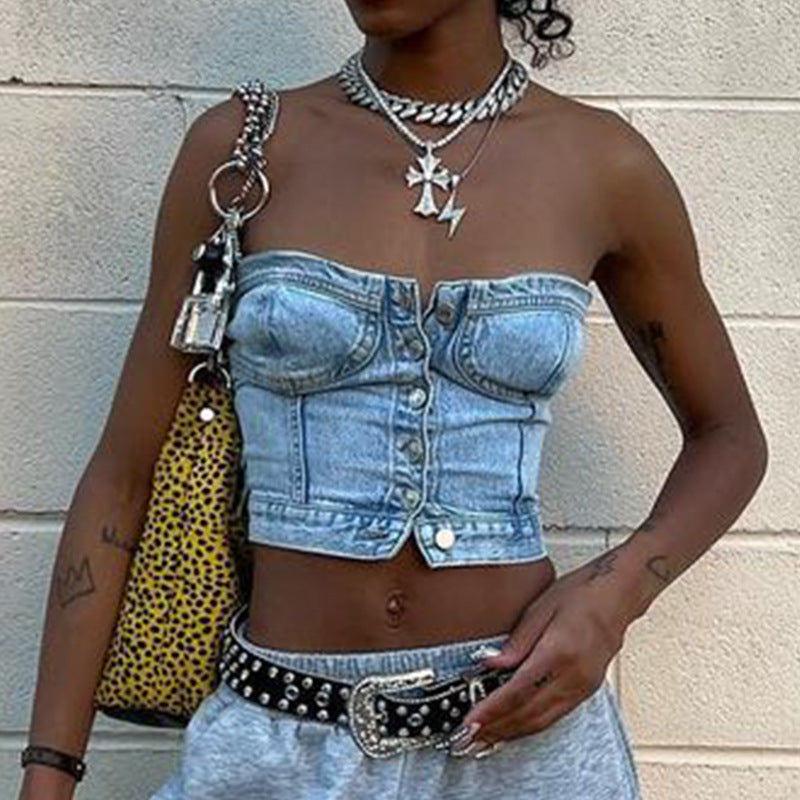 Damen Denim-Crop-Top mit gestricktem Überwurf Echo Archiv