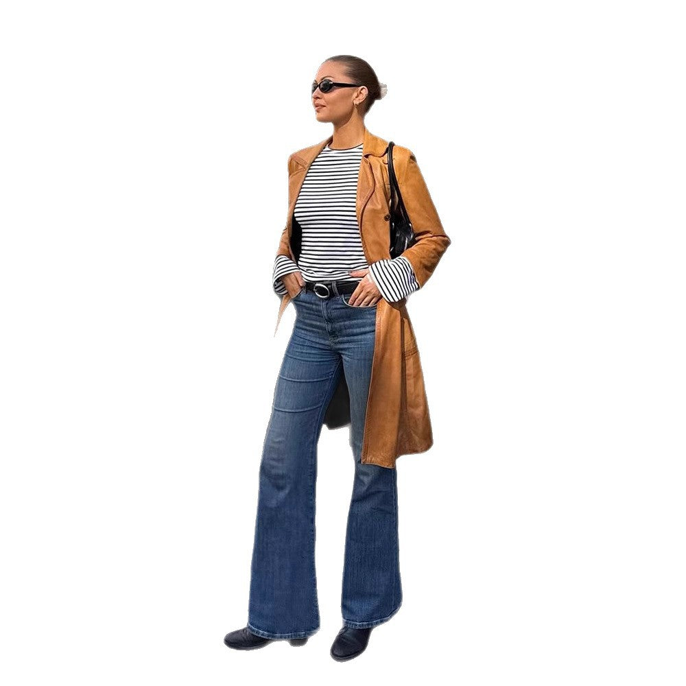 Damen Langer taillierter Leder‑Trenchcoat mit doppelreihiger Knopfleiste und Reverskragen Echoarchiv