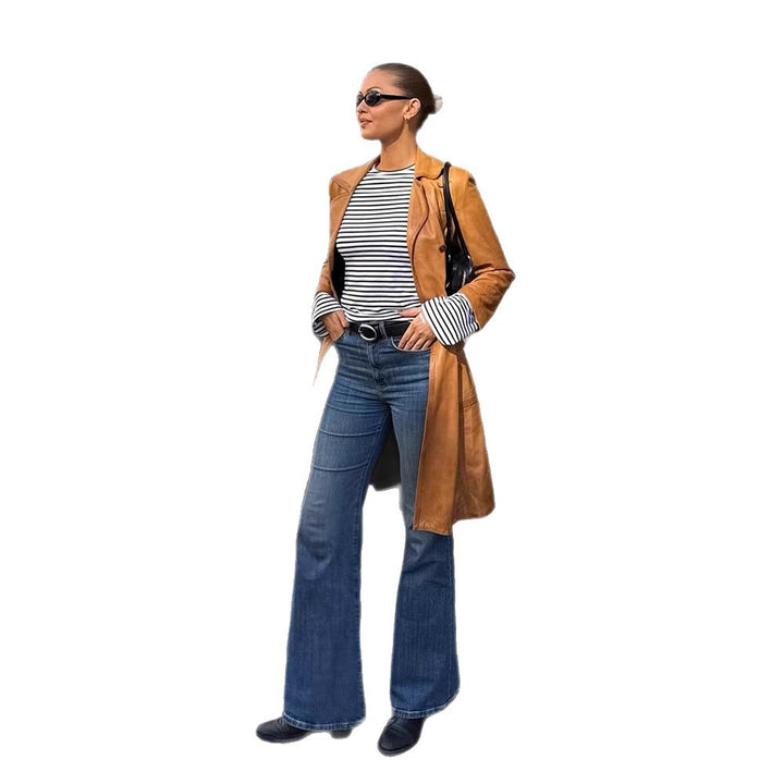 Damen Langer taillierter Leder‑Trenchcoat mit doppelreihiger Knopfleiste und Reverskragen Echoarchiv