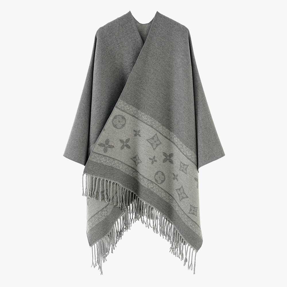 Damen Oversize‑Rechteckponcho aus Wollmix mit eingewebter Jacquardbordüre und Fransensaum – Avérine