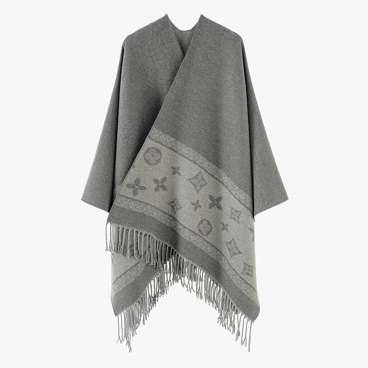 Damen Oversize‑Rechteckponcho aus Wollmix mit eingewebter Jacquardbordüre und Fransensaum – Avérine