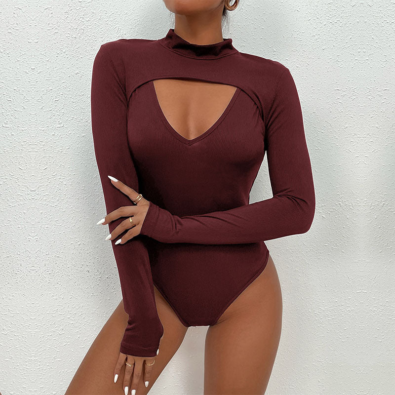 Damen Figurbetontes Ripp-Body mit Cut-Out, Stehkragen und langen Ärmeln Echoarchiv