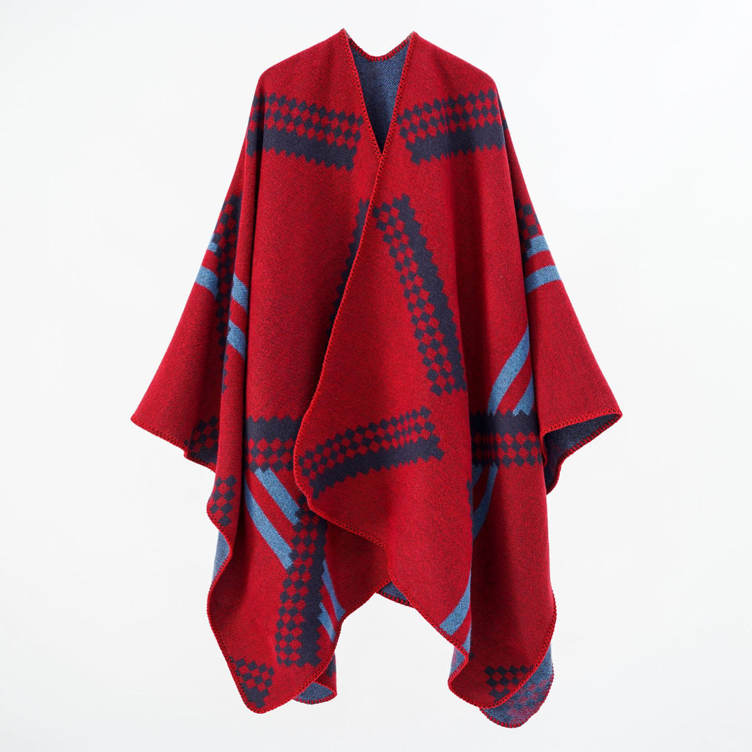 Damen Oversize-Umhangponcho aus Wollmix mit geometrischem Jacquard und Ziernaht – Célinea