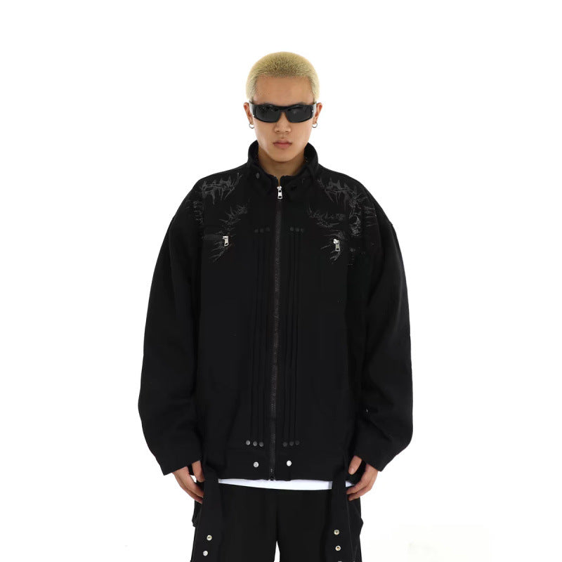 Herren Oversized Utility-Jacke mit Stickerei, Stehkragen, Reißverschluss und langen Gurtbändern Echoarchiv