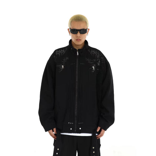 Herren Oversized Utility-Jacke mit Stickerei, Stehkragen, Reißverschluss und langen Gurtbändern Echoarchiv
