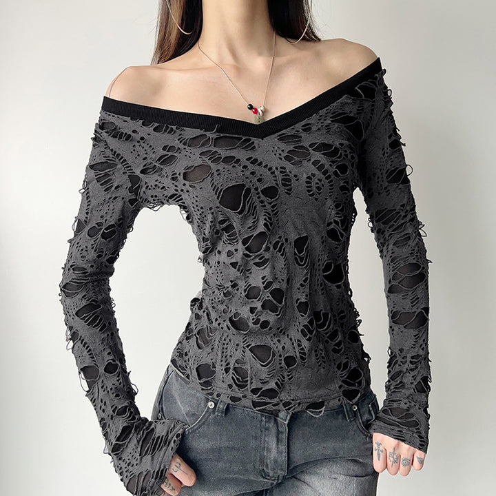 Damen nan transparentes Distressed-Spitzenshirt mit V-Ausschnitt, langärmeligem Layer-Look und innenliegendem Cami Echo Archiv