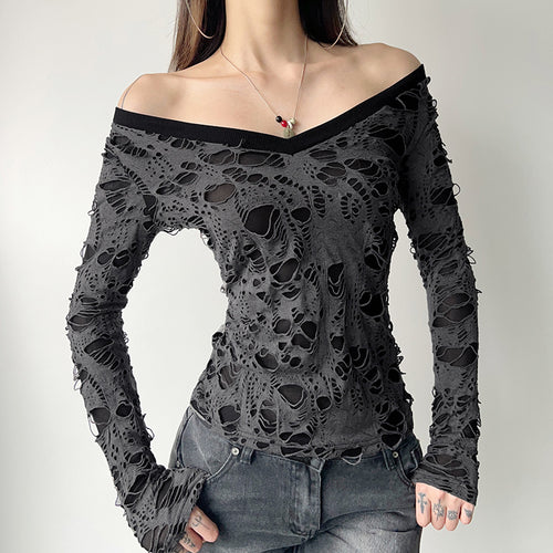 Damen nan transparentes Distressed-Spitzenshirt mit V-Ausschnitt, langärmeligem Layer-Look und innenliegendem Cami Echo Archiv