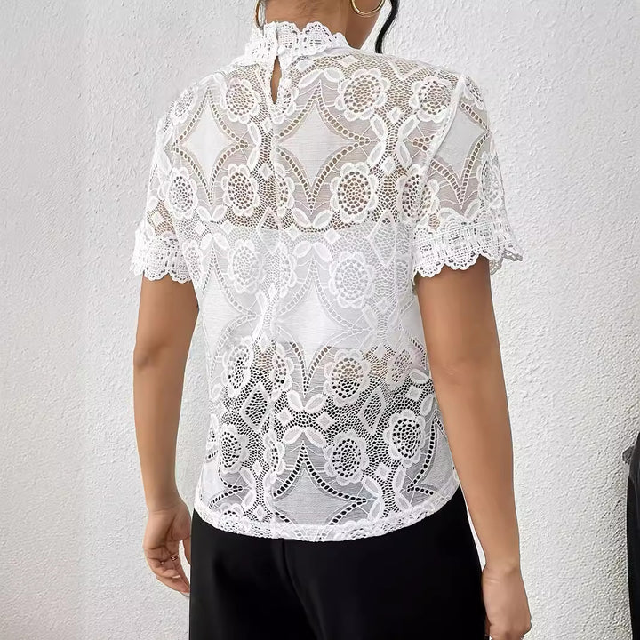 Damen nan semi-transparentes Spitzen-Top mit hohem Rüschenkragen und blickdichter Brustpartie Echo Archiv
