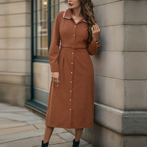 Damen Midi‑Hemdblusenkleid aus Veloursoptik mit Taillengürtel und Frontschlitz Echoarchiv