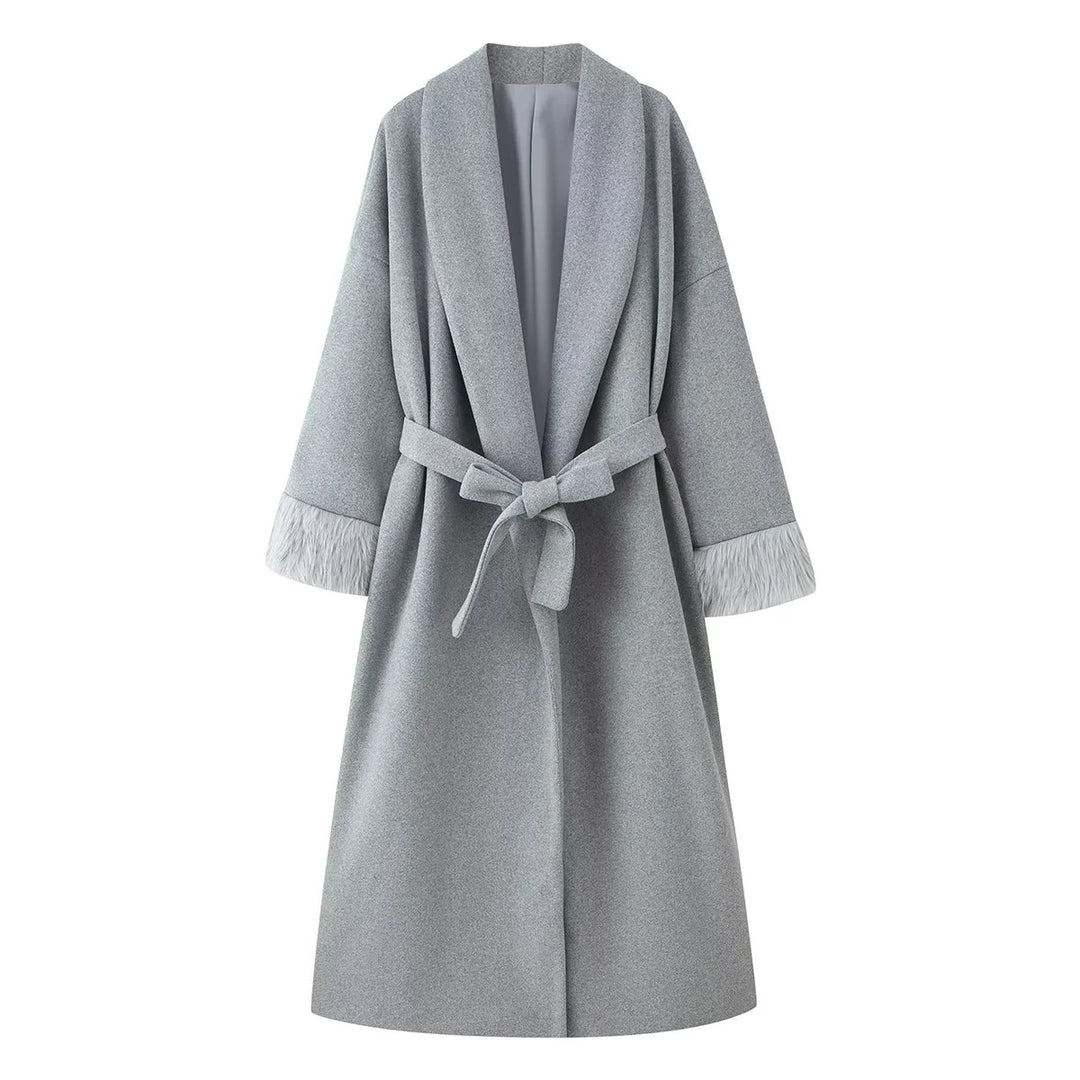 Damen oversize Mantelrobe mit weitem Schalkragen, Taillenband und Fauxfur-Manschetten – Montévia