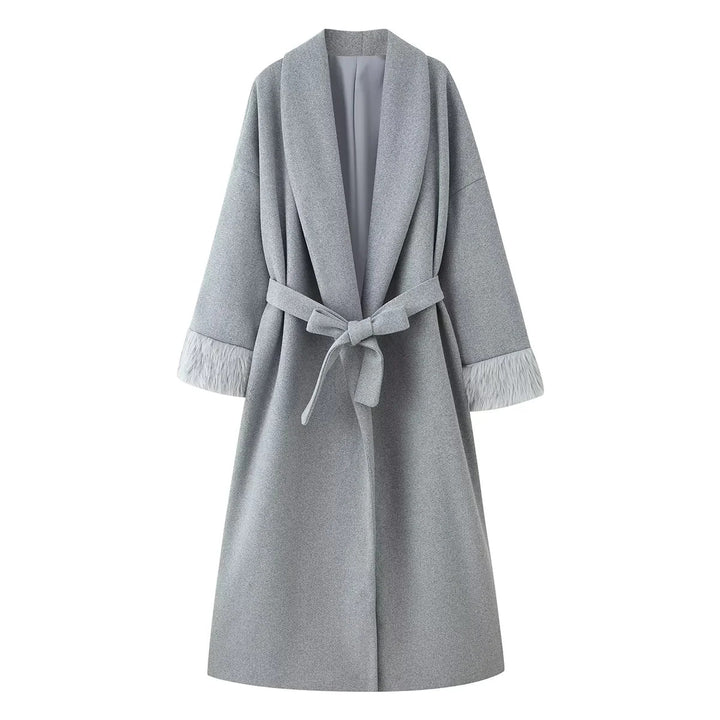 Damen oversize Mantelrobe mit weitem Schalkragen, Taillenband und Fauxfur-Manschetten – Montévia