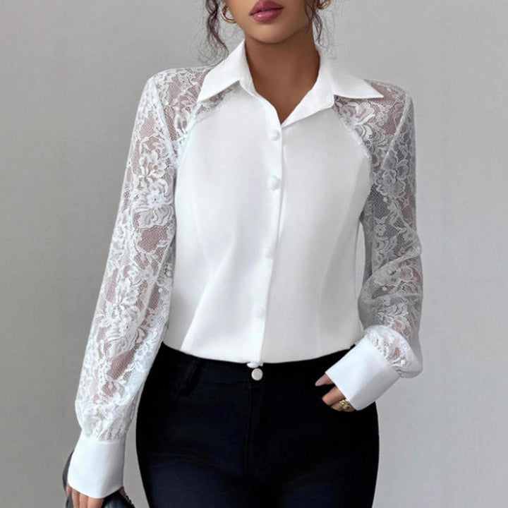 Damen Elegante Bluse mit Spitzeneinsätzen und Hemdkragen – Avérine
